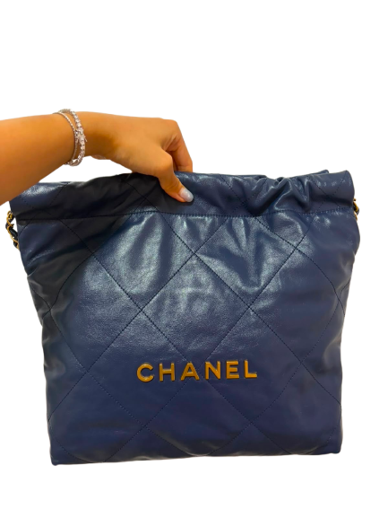 Used CHANEL Shiny Calfskin 24A 22 Bag Small Tote Bag Navy GHW