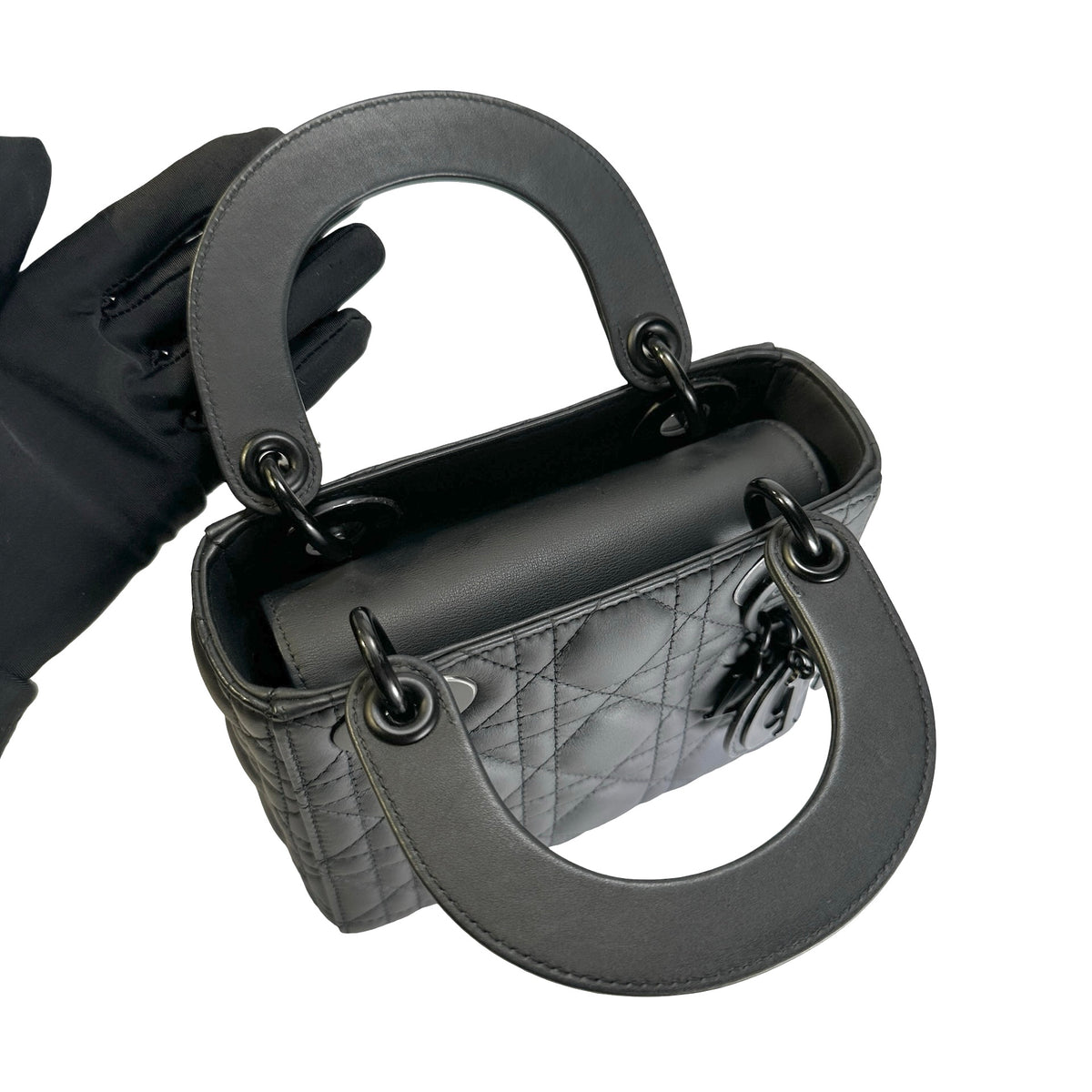 Used DIOR Calfskin Cannage Mini Lady Dior Ultra Matte Handbag So Black