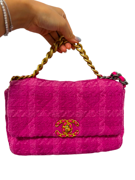 Used CHANEL Tweed 19 Bag Small Chain Shoulder Bag Pink GHW