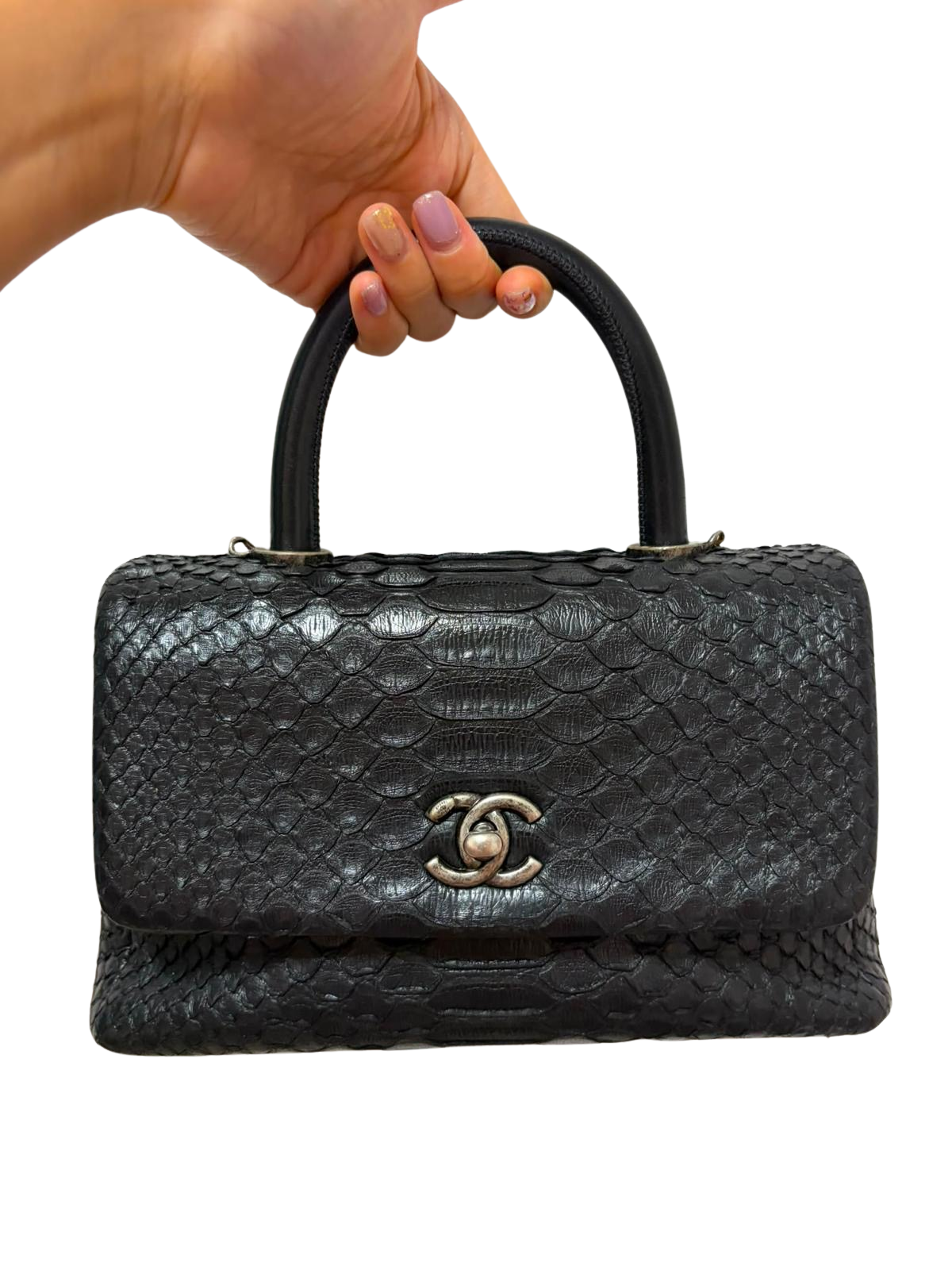 Used CHANEL Python Coco Handle Handbag Black