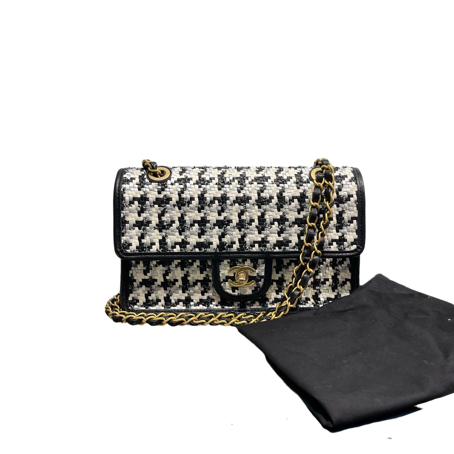 Used CHANEL 23c woven flap 25 Cross Body Bag Black White GHW