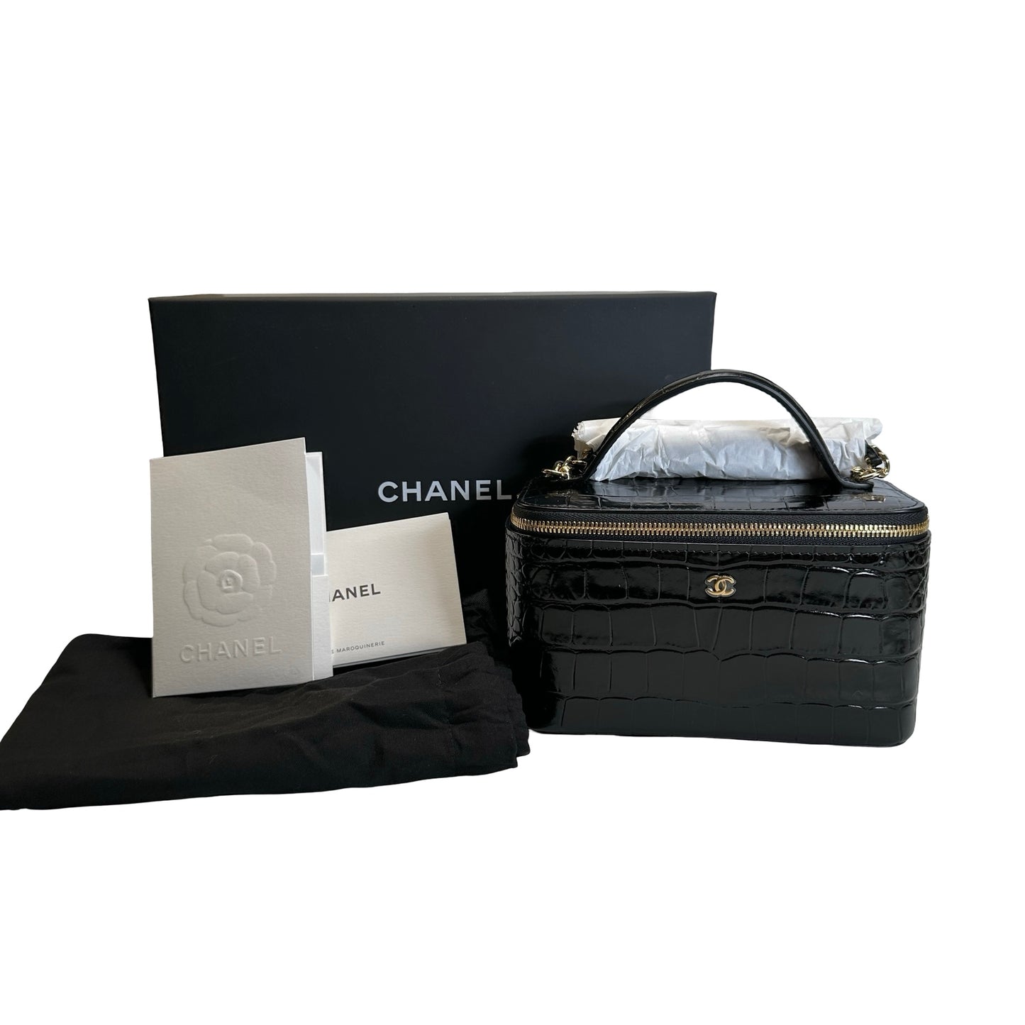 Brand New CHANEL Croc-embossed Vanity case Vanity case Black Gold hardware