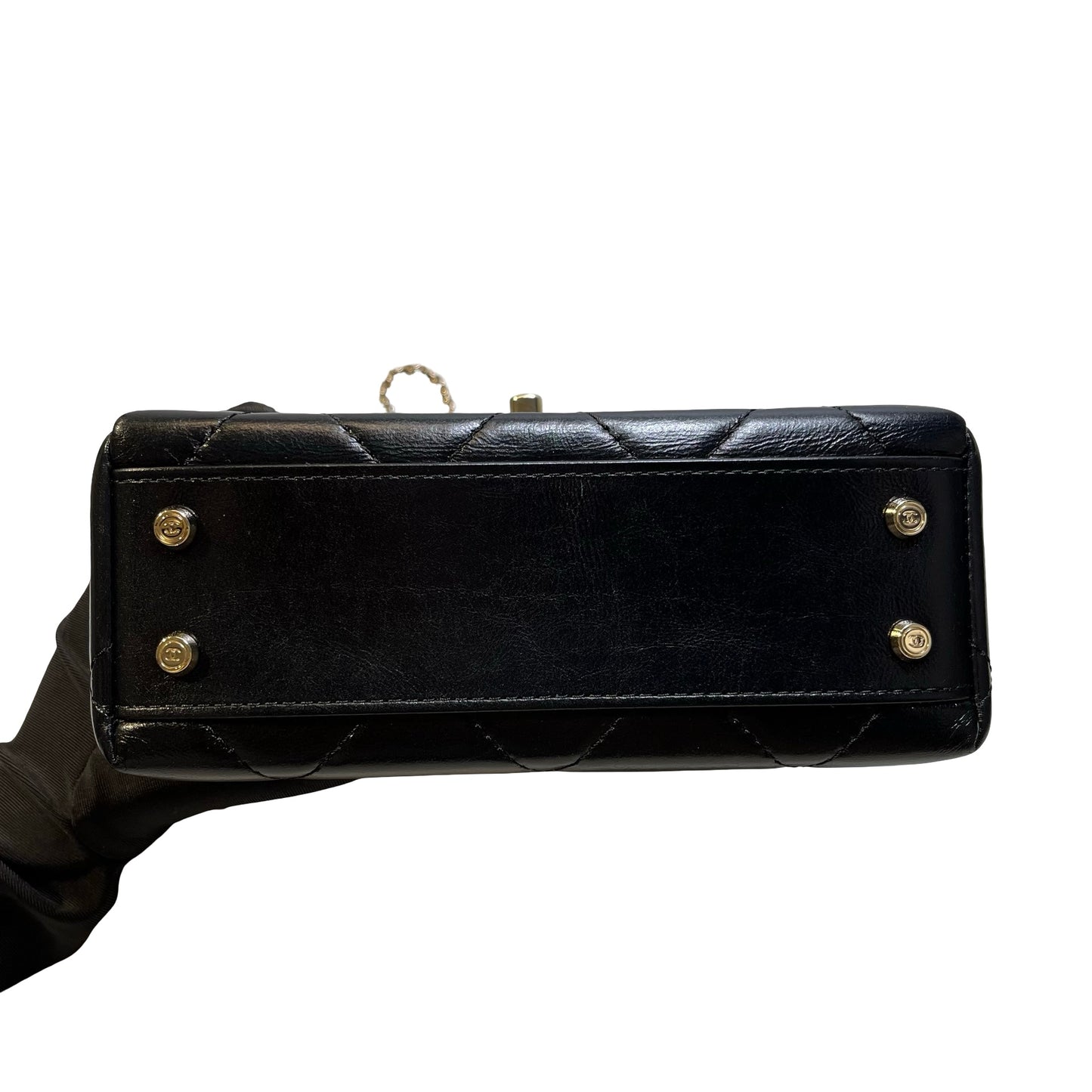 Used CHANEL Quilted Lambskin Mini flap bag with top handle Mini Bag Black Gold tone hardware