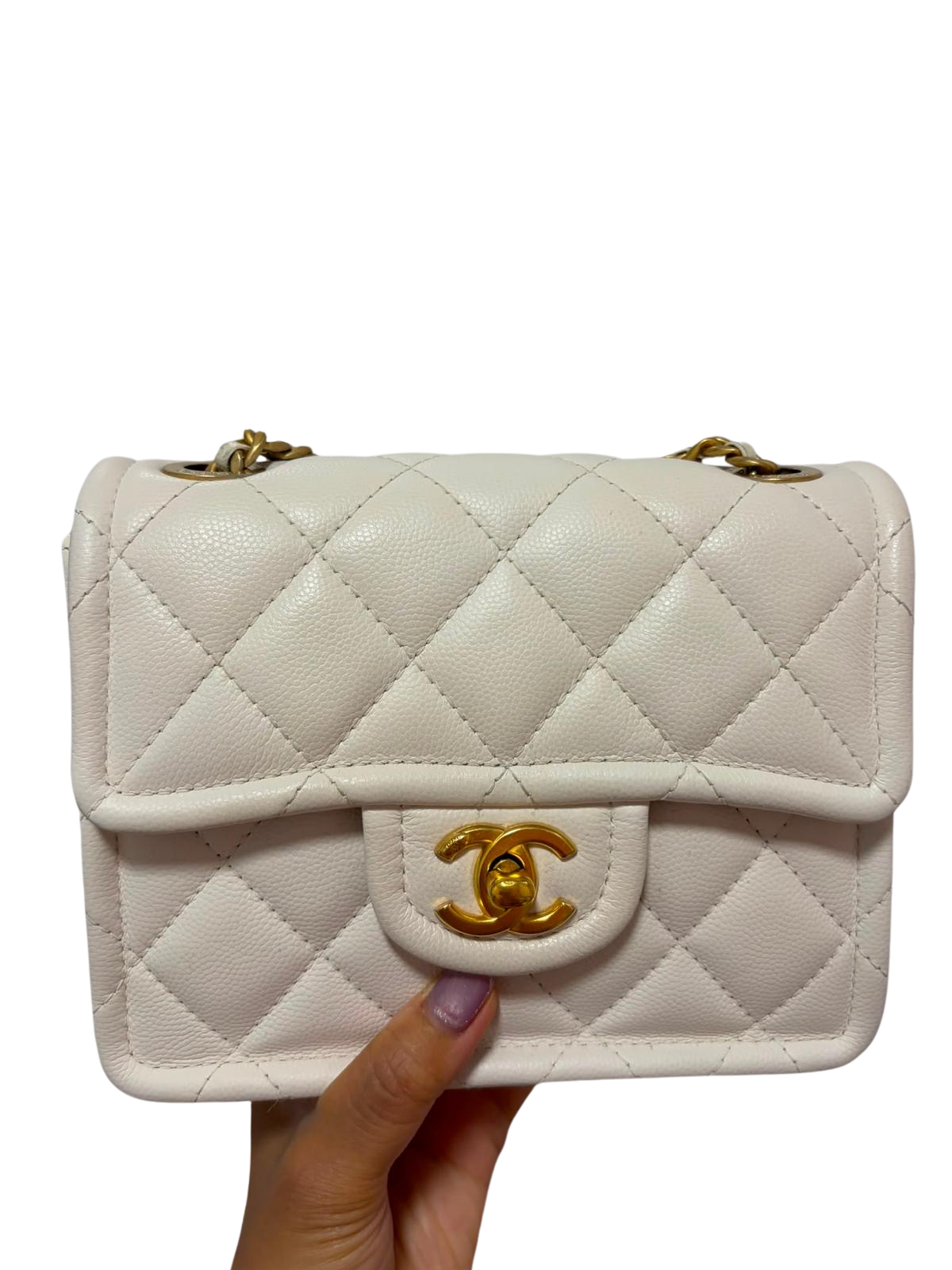 Used CHANEL Quilted Caviar Leather 21P Mini Flap Bag Mini Bag White Gold