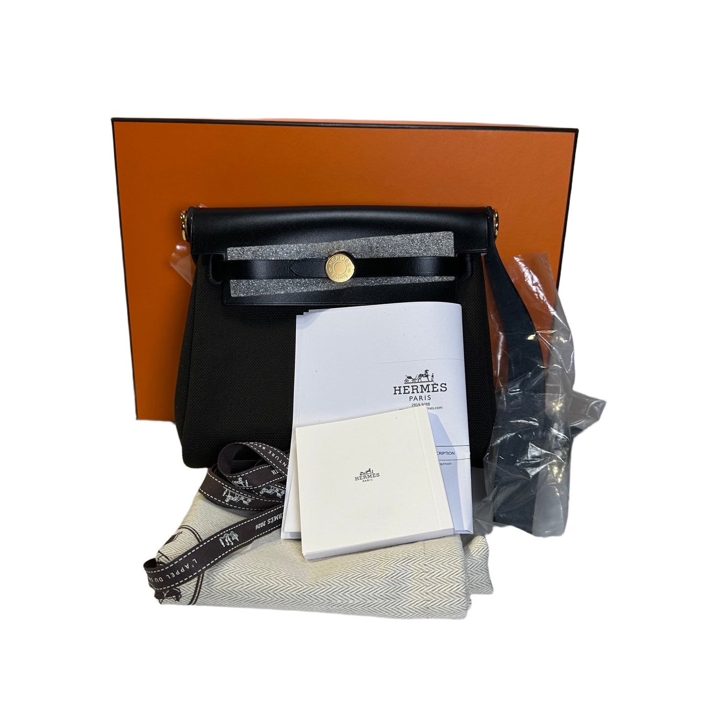Brand New HERMES Canvas Leather Herbag Zip Shoulder Bag Black Gold