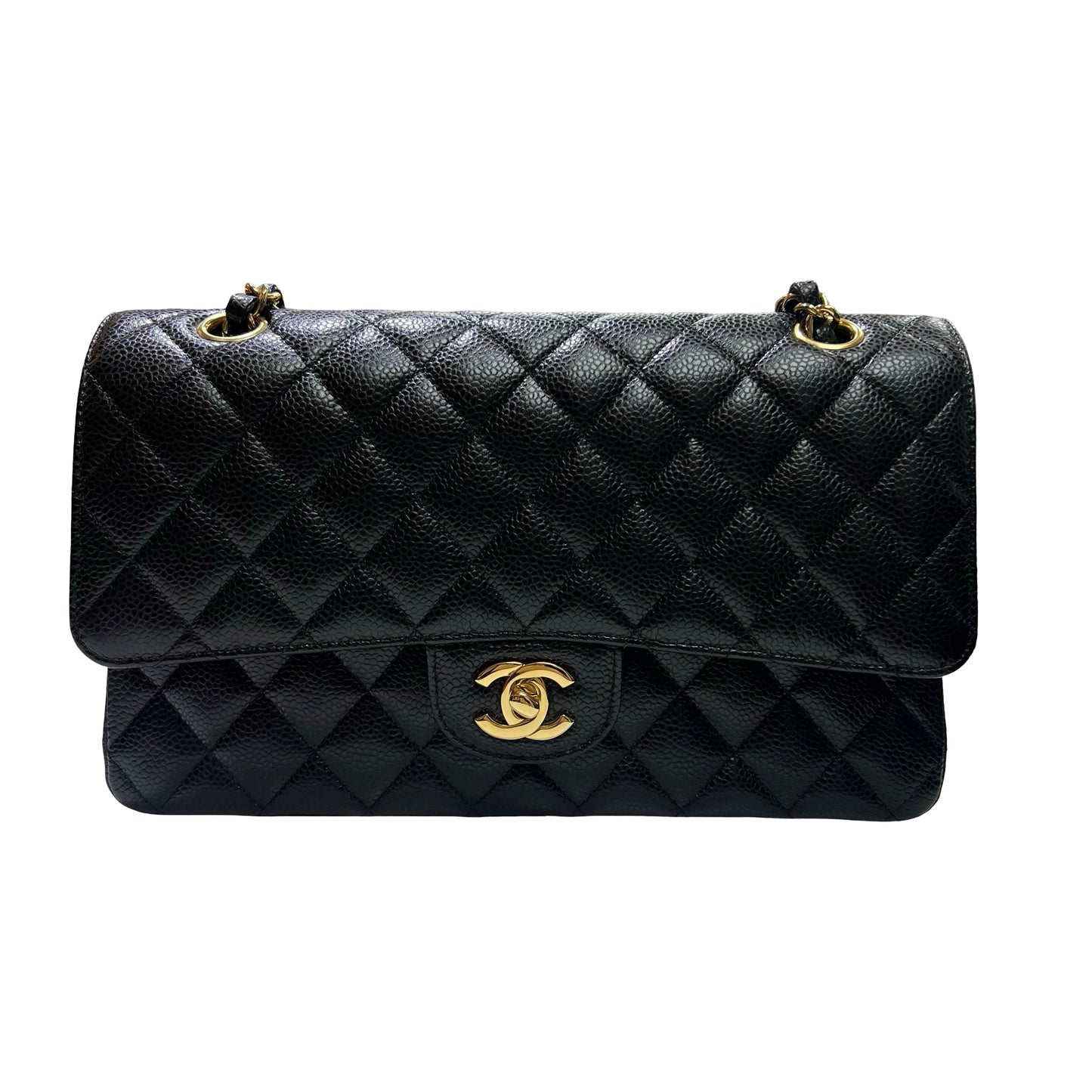 Used CHANEL Caviar Quilted Classic Flap Chain Shoulder Bag Black Gold