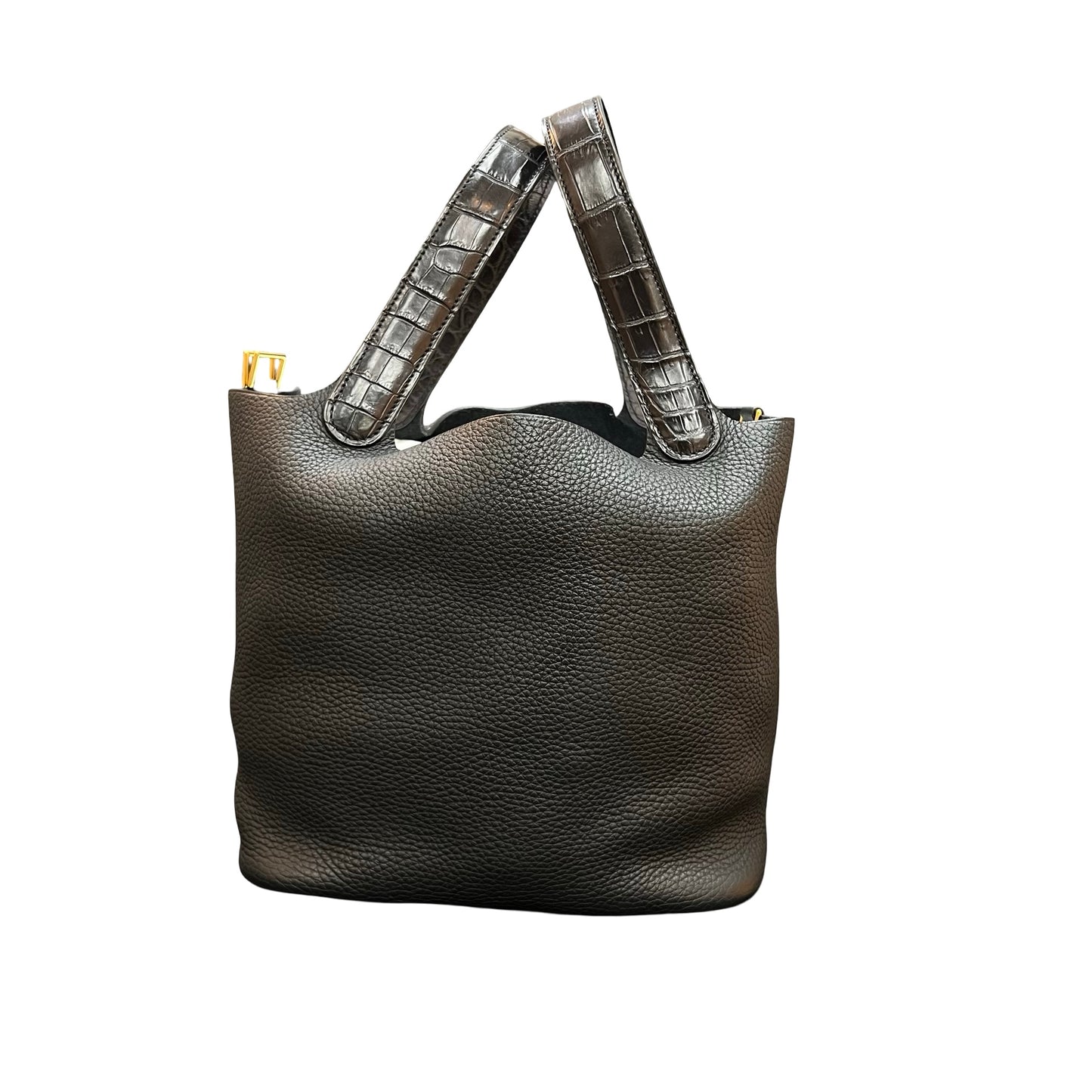 Used HERMES Clemence Crocodile Picotin Lock Handbag Black GHW