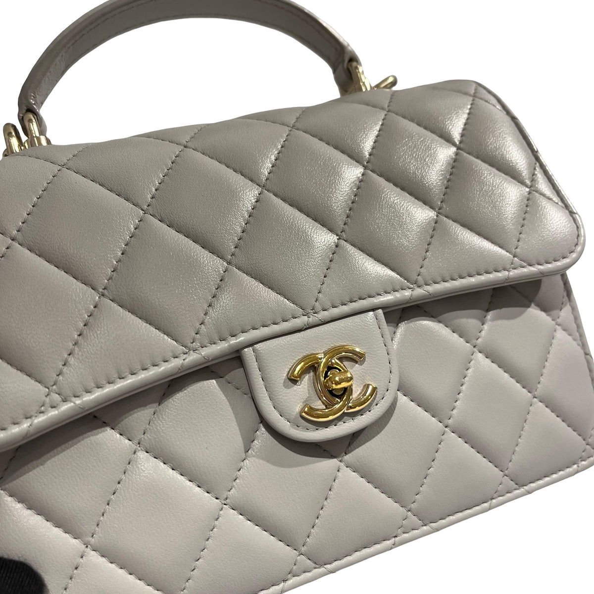 Used CHANEL Quilted Caviar Mini Flap Bag with Top Handle Handbag Light Grey