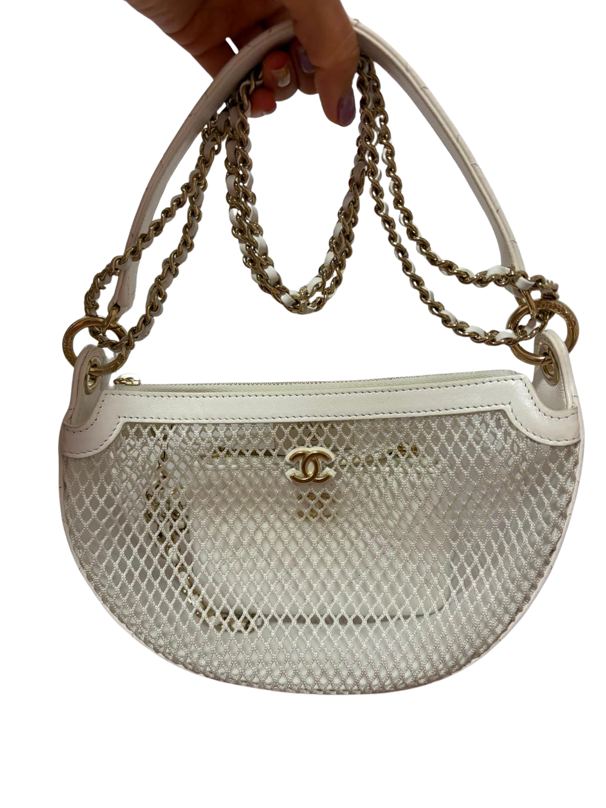 Used CHANEL Mesh Leather 25S Hobo Hobo Bag White Gold