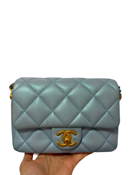 Used CHANEL Caviar Skin 21K My Perfect Mini Chain Shoulder Bag Iridescent Blue GHW