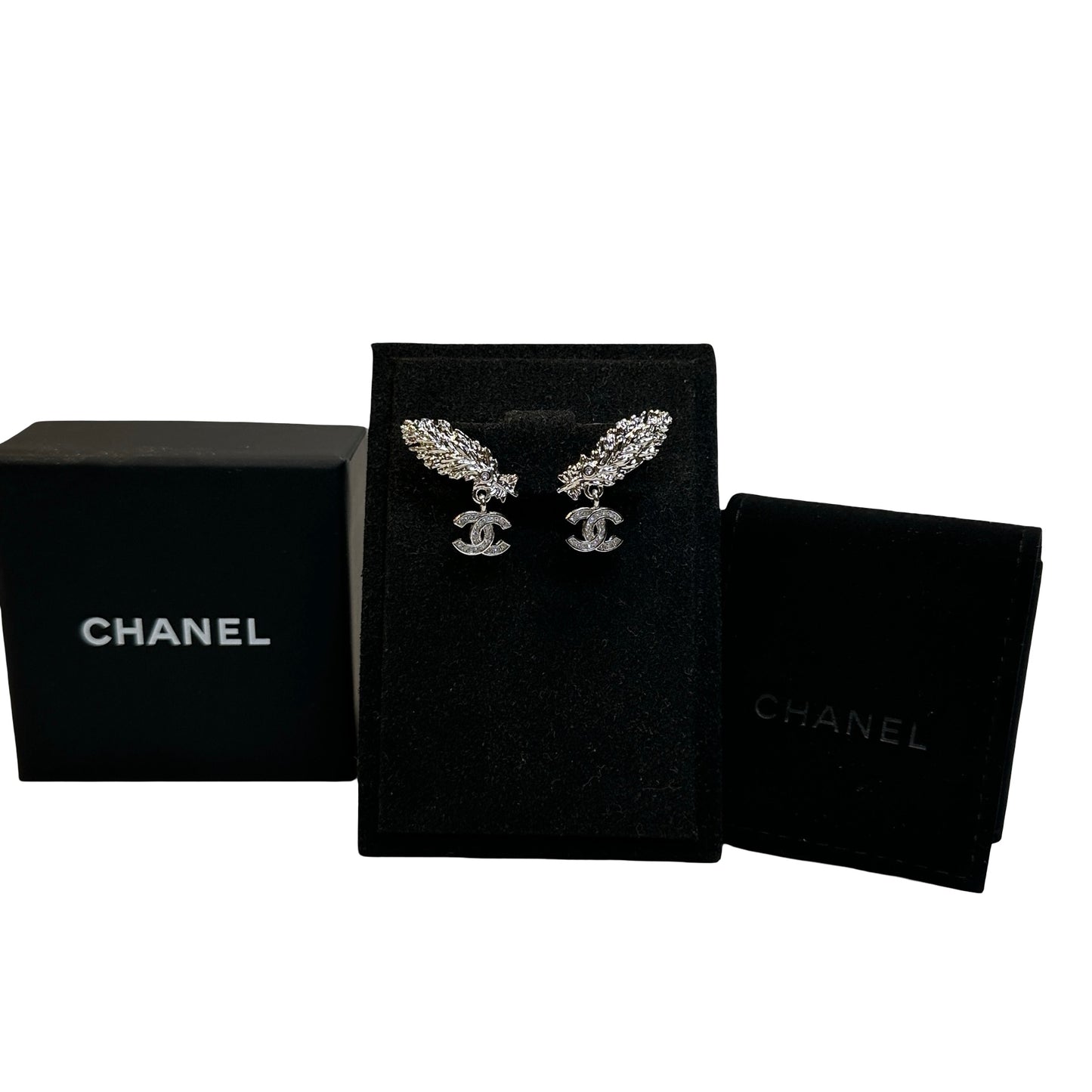 Brand New CHANEL Rhinestone CC Logo Leaf Earrings Earrings Sliver