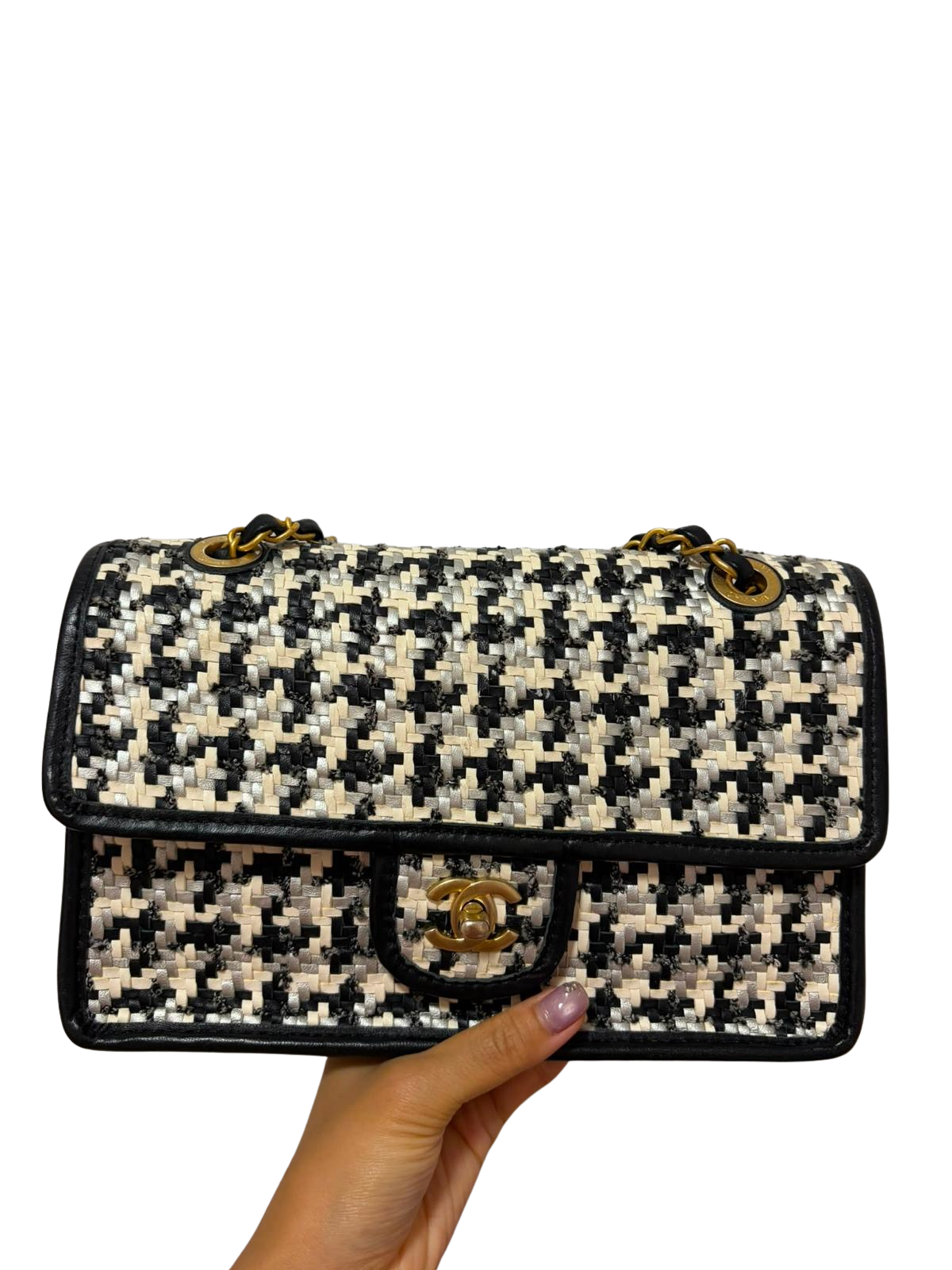 Used CHANEL Houndstooth Tweed 23C woven flap 25 Shoulder Bag Black White Silver