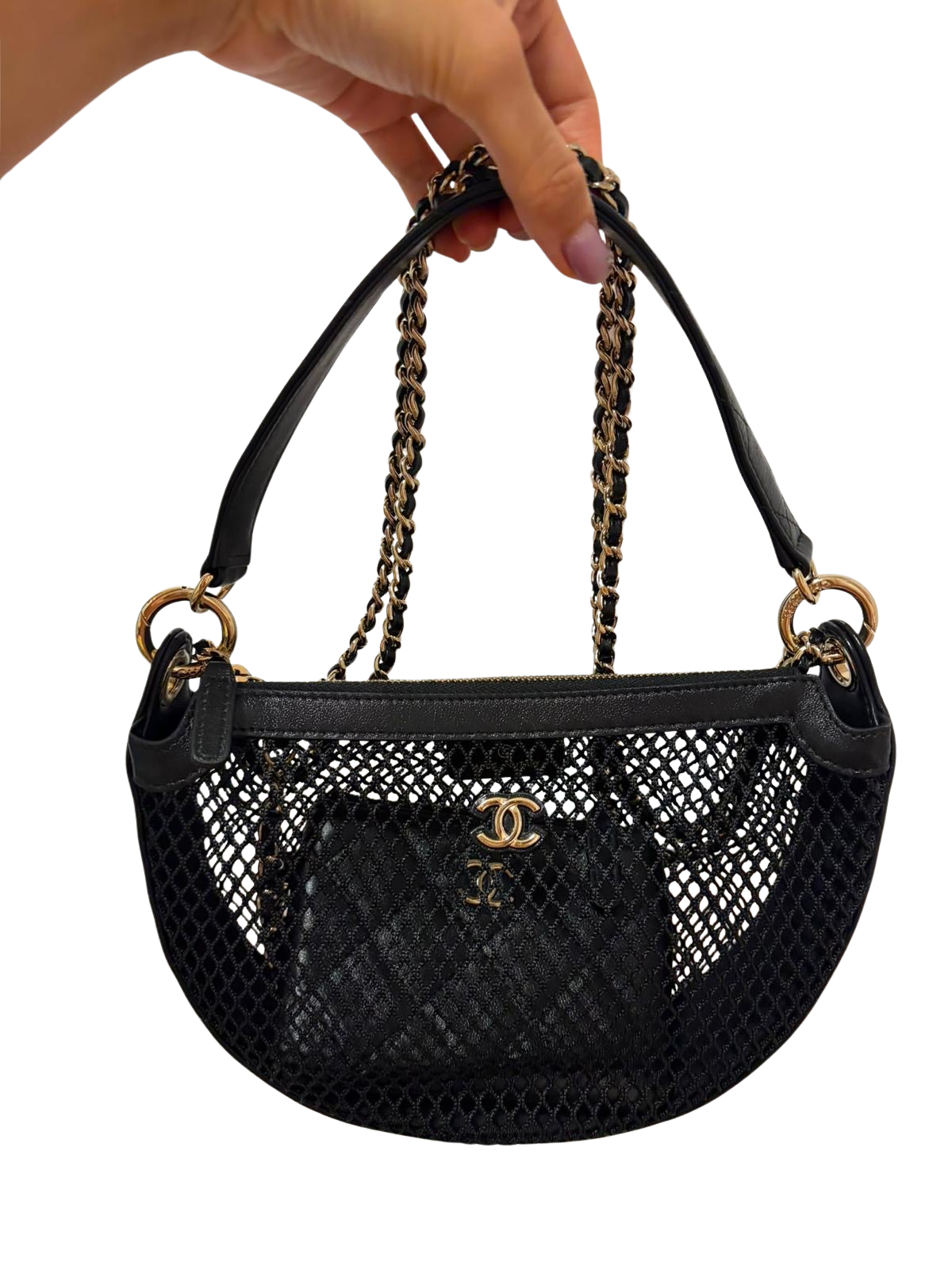 Used CHANEL Mesh Calfskin Hobo Clutch Hobo Bag Black Gold