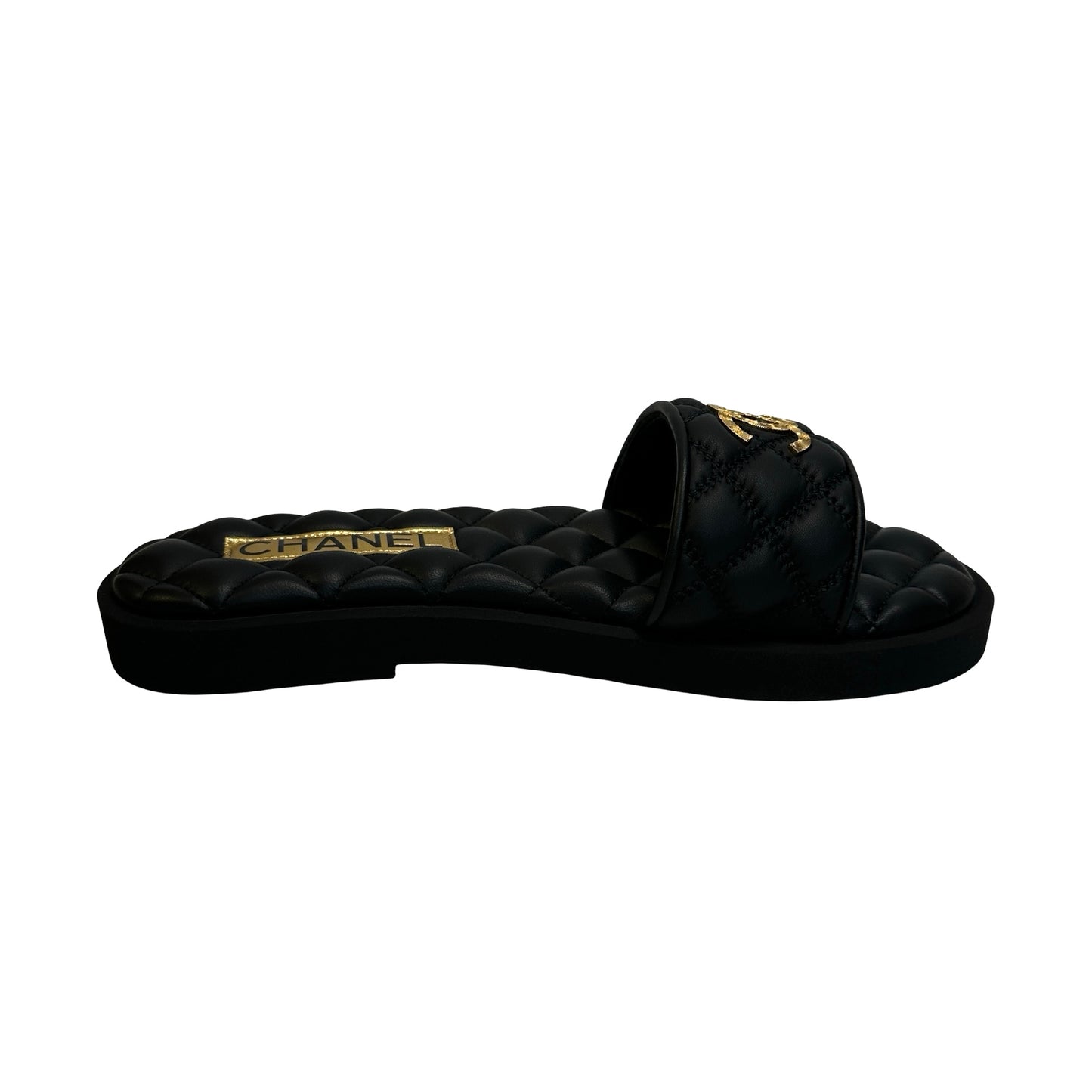 Brand New CHANEL Quilted Lambskin Mules Shoes Black Gold