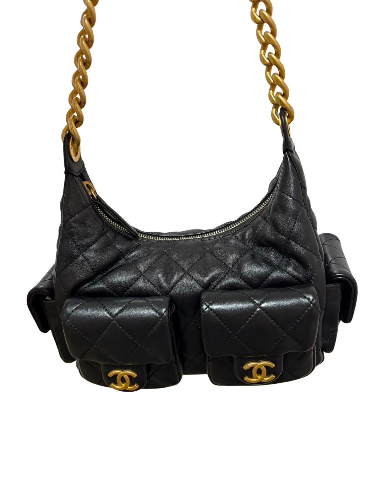 Used CHANEL Lambskin 25C Hobo Small Bag Black GHW