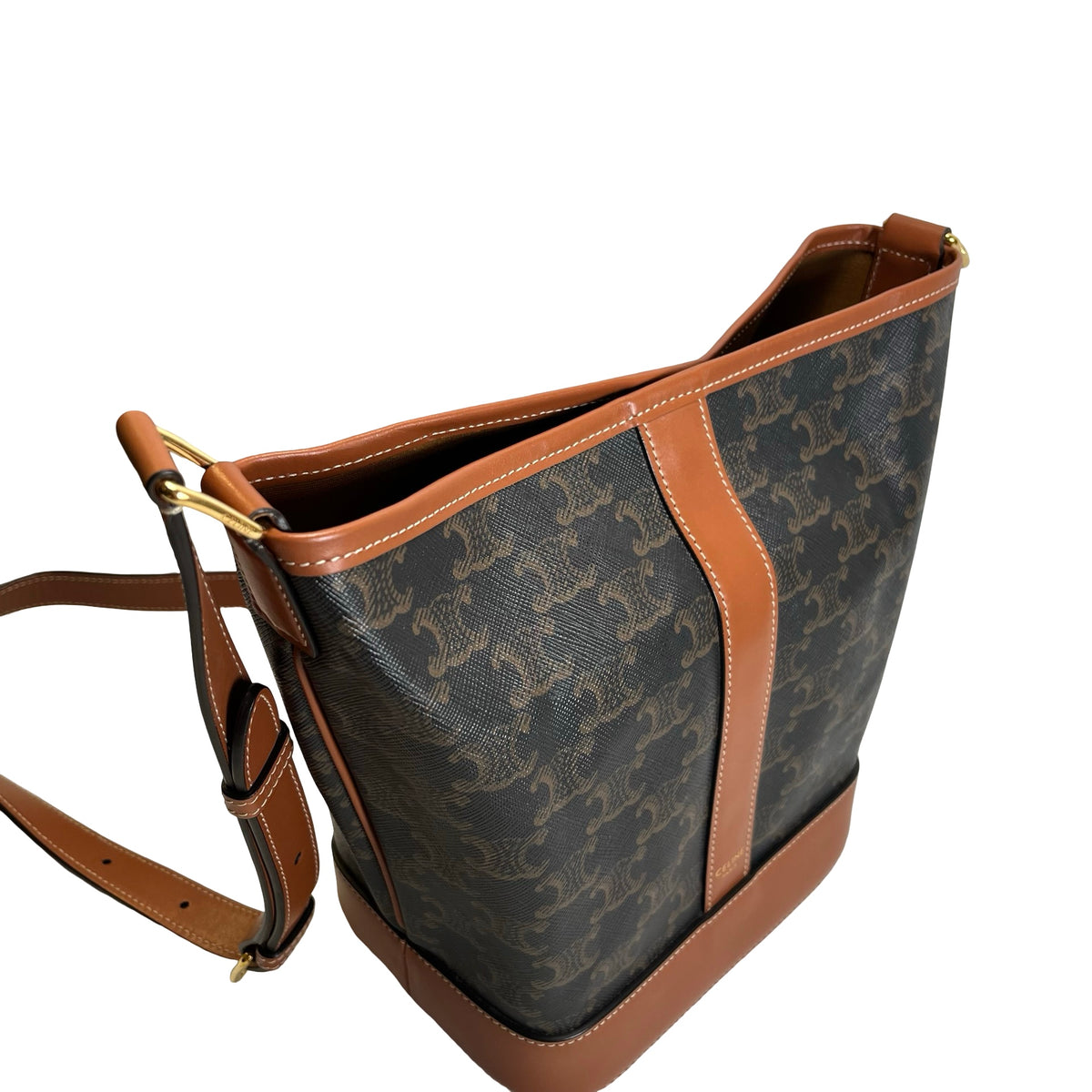 Used CELINE Triomphe Canvas Calfskin Triomphe Canvas Small Bucket Bucket Bag Tan Black
