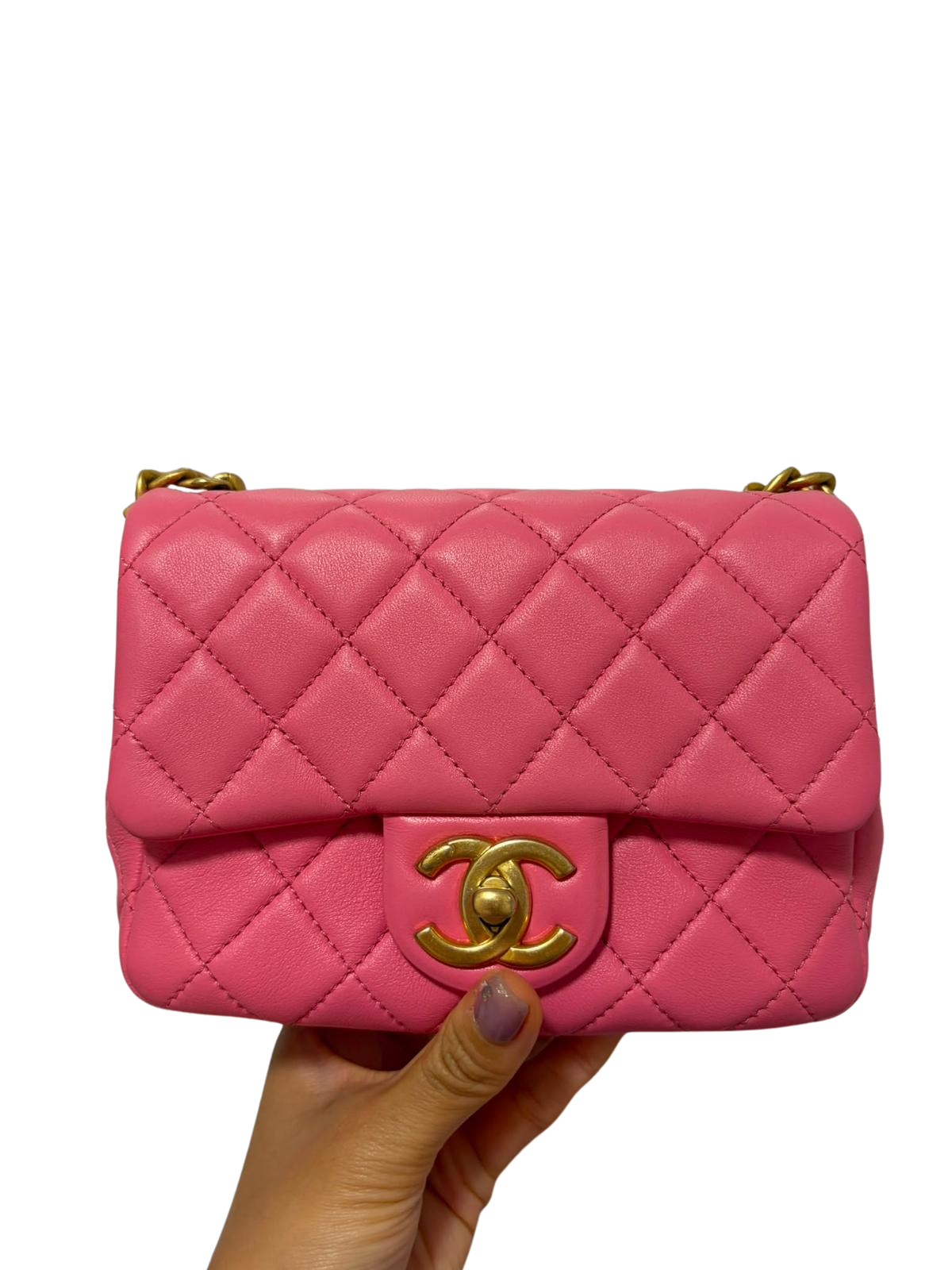 Used CHANEL Quilted Lambskin 21P mini pearl samba square flap bag Mini Bag Pink Gold