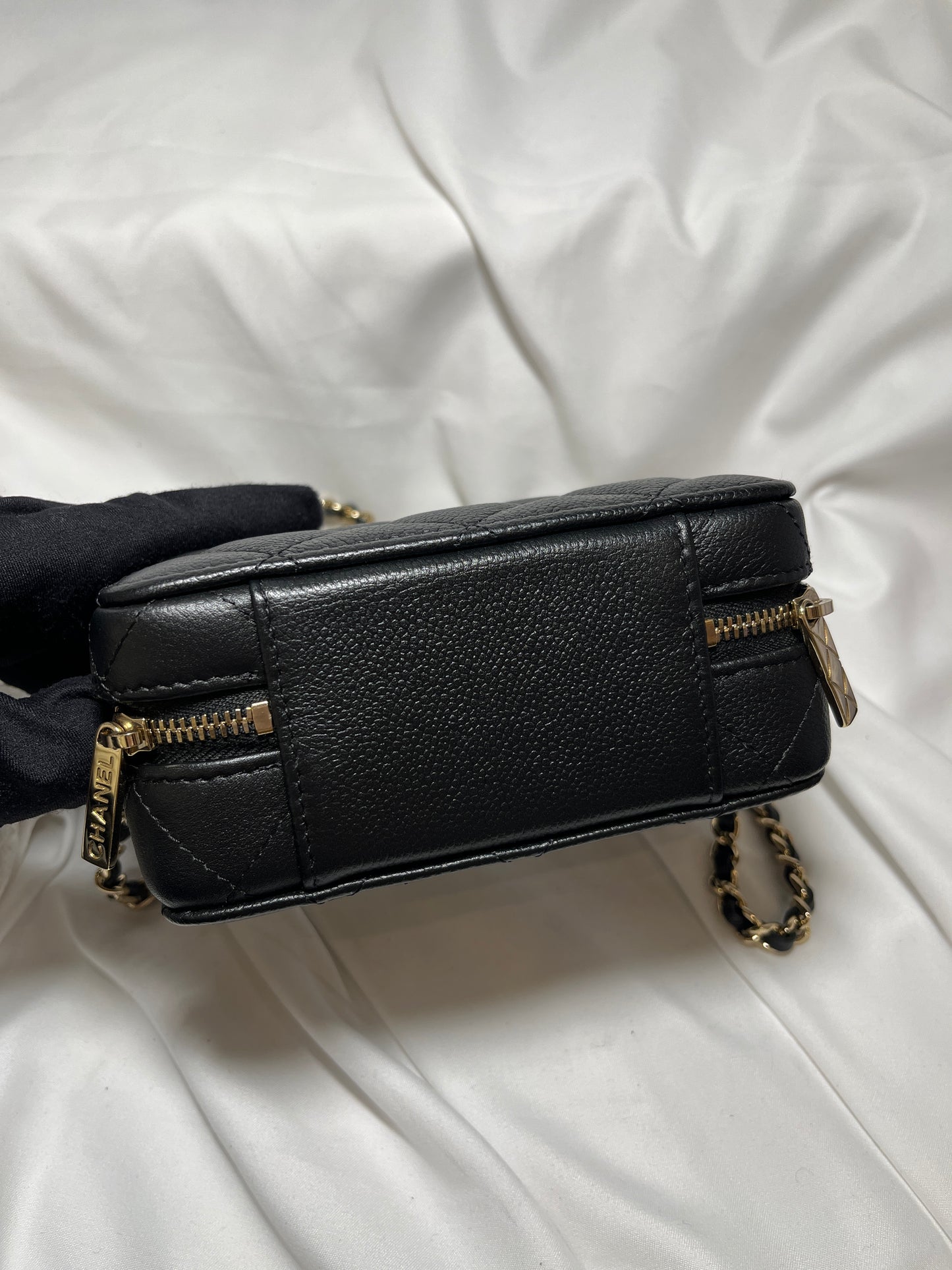 Used CHANEL Calfskin Leather Handle Mini Cross Body Bag Black GHW