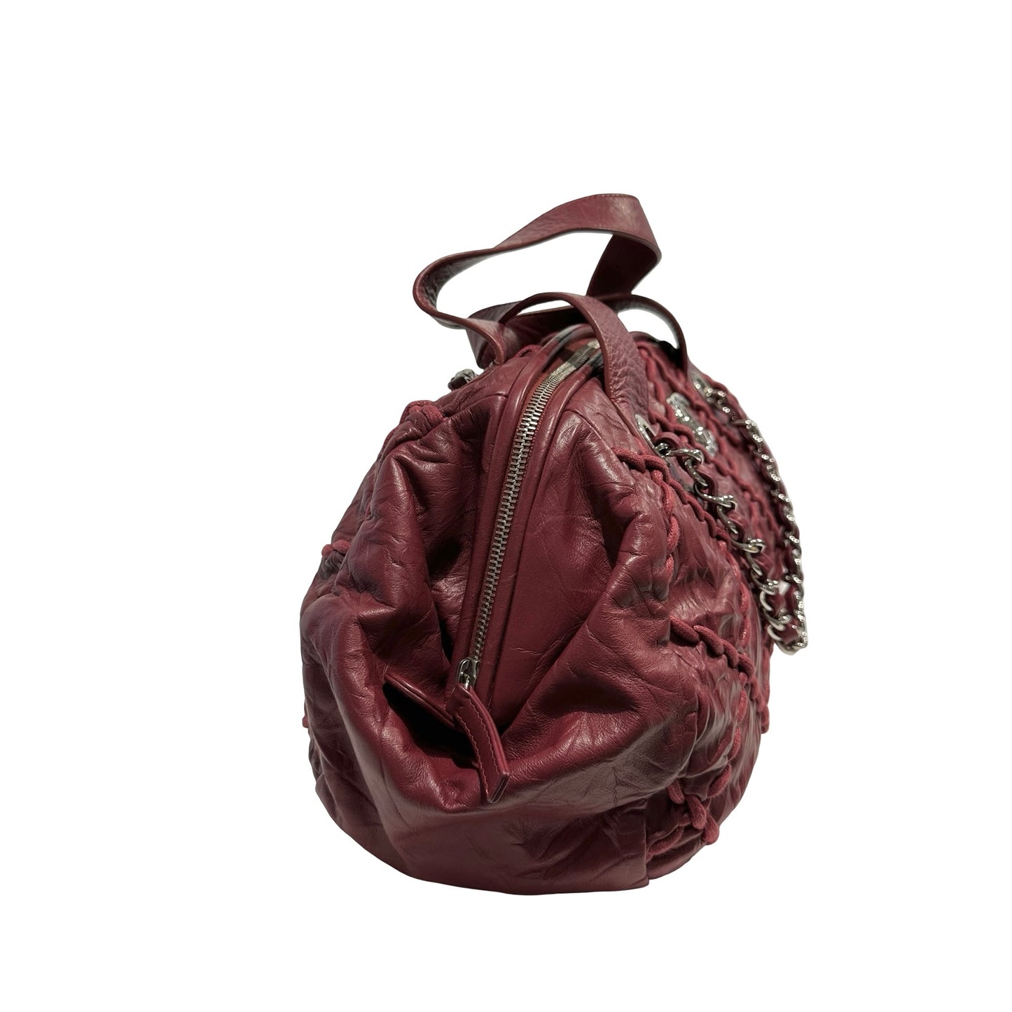 Used CHANEL Leather Quilted Tote Bag Handbag Burgundy