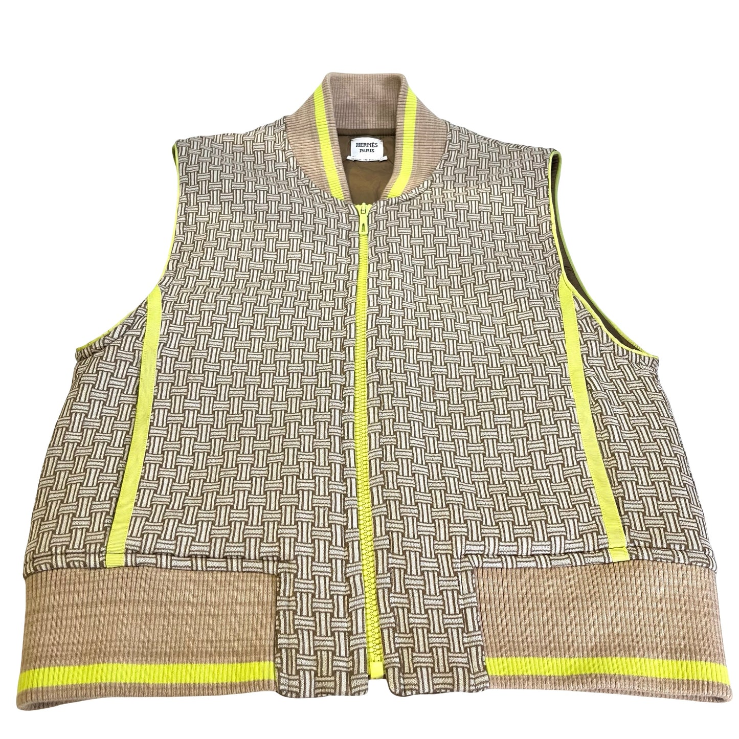 HERMES Basketweave Knit Knit Vest Clothes Beige Brown Fluorescent Green