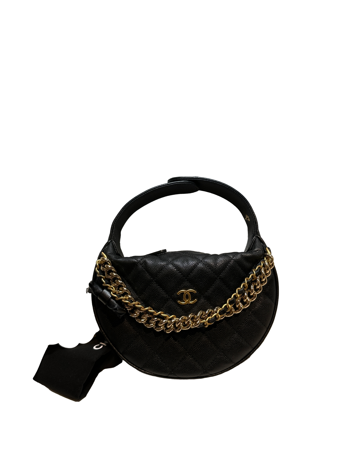 Used CHANEL Caviar Leather RIBBON HOBO POUCH Handbag Black GHW