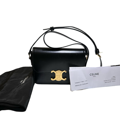 Used CÉLINE Calfskin Leather TEEN TRIOMPHE Cross Body Bag Black GHW
