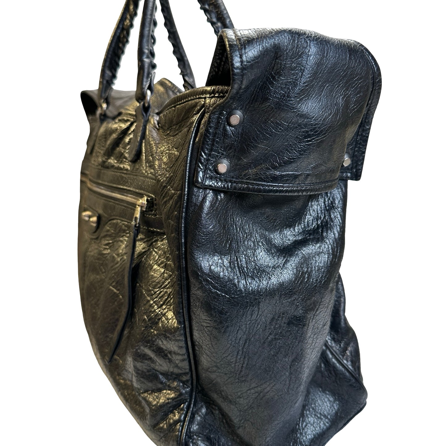 Used BALENCIAGA Leather Solid City Bag Handbag Black PHW