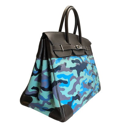 Used HERMES Camouflage Leather Toile HAC Birkin 35 Handbag Brown Blue Green