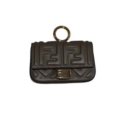 Used FENDI FF Leather Baguette Mini Bag Grey Gold