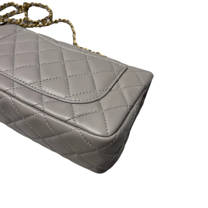 Unused CHANEL Lambskin Leather Mini Flap with Gold Ball Cross Body Bag Grey GHW