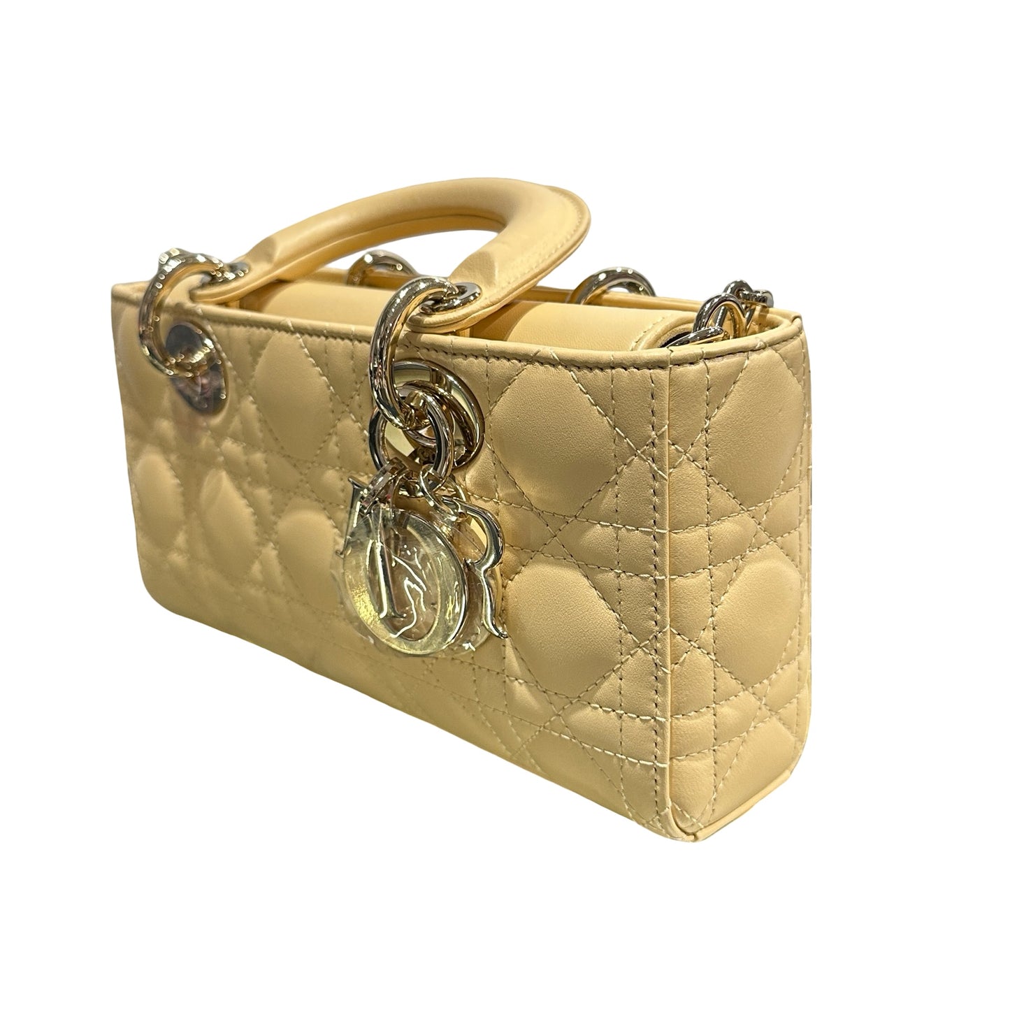 Used DIOR Lambskin Leather LADY D-JOY MINI Two Way Shoulder Bag Yellow PHW