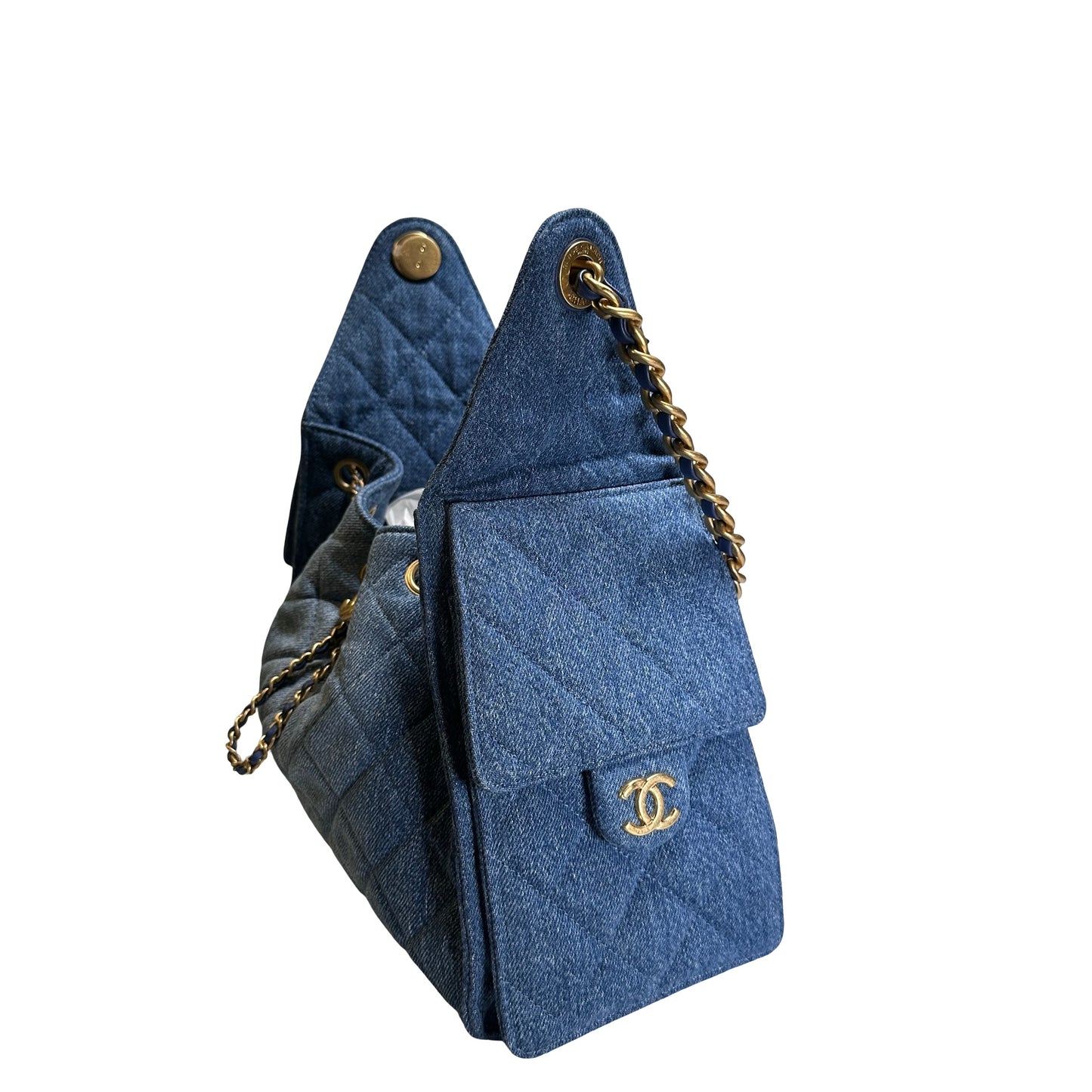 Used CHANEL Denim Quilted Kelly Shoulder Bag Blue GHW