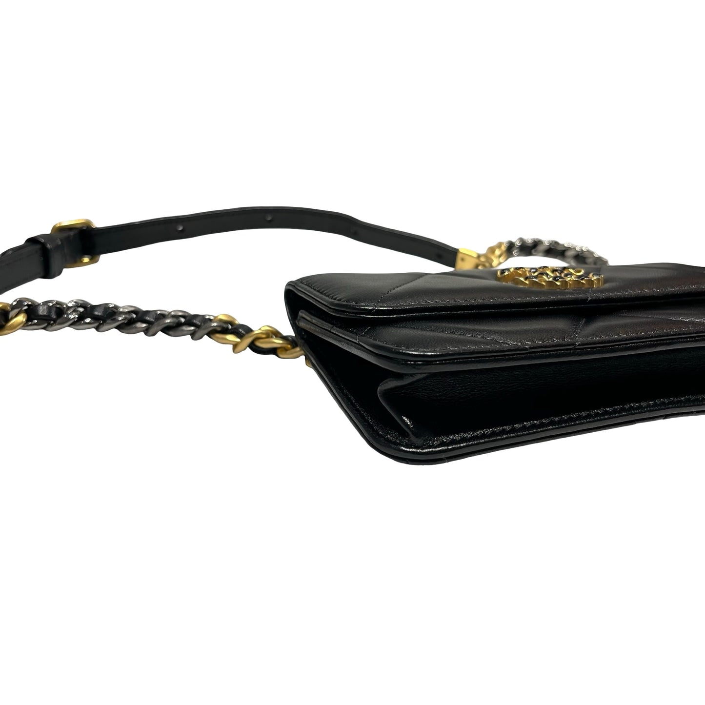 Used CHANEL Lambskin Leather 19 Belt Cross Body Bag Black GHW