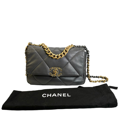 Used CHANEL Quilted Goatskin Chanel 19 Chain Shoulder Bag Grey Gold Ruthenium