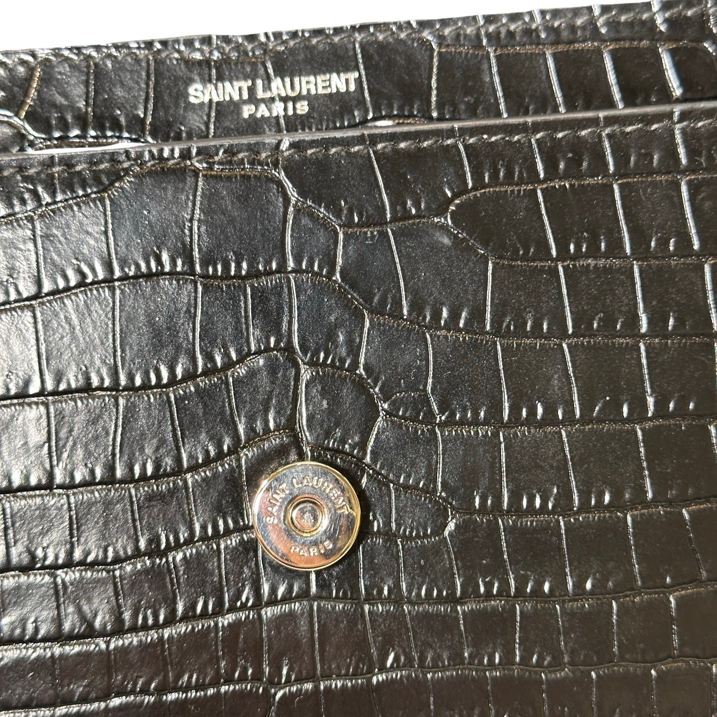 SAINT LAURENT Crocodile Embossed Leather Sunset Chain Shoulder Bag Black PHW