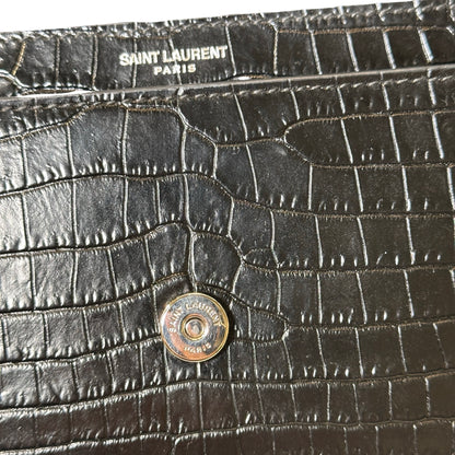 SAINT LAURENT Crocodile Embossed Leather Sunset Chain Shoulder Bag Black PHW