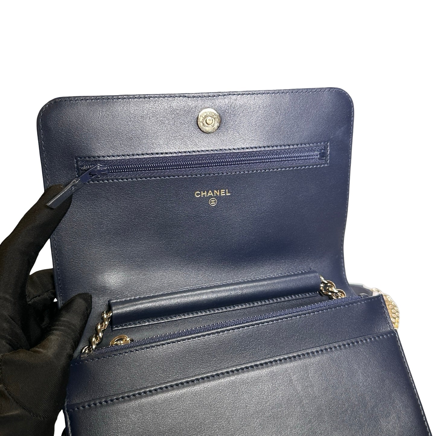 Used CHANEL Quilted BOY CHANEL WALLET ON CHAIN Wallet on chain Navy GHW