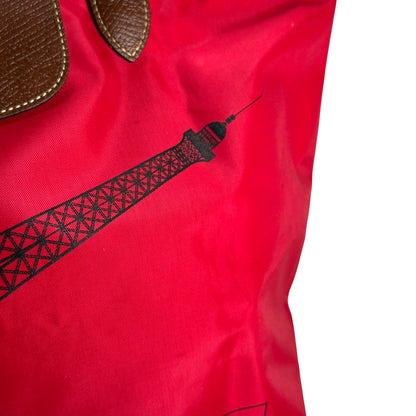 Used LONGCHAMP Eiffel Tower Print Le Pliage Eiffel Tower Tote Bag Red Brown