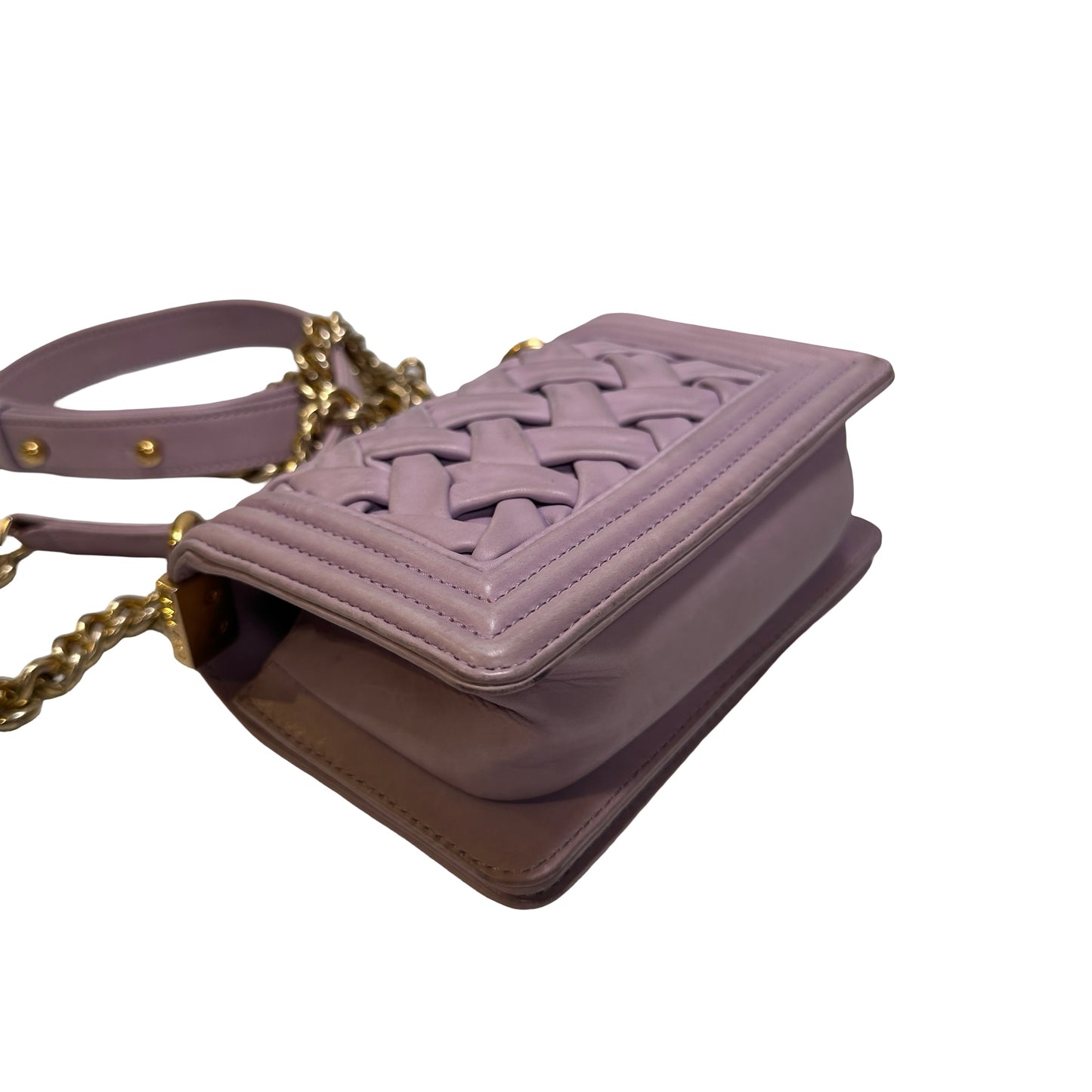 Used CHANEL Braided Lambskin Boy Chain Shoulder Bag Lilac Gold