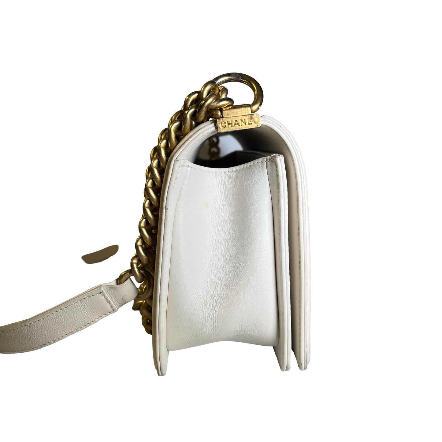 Used CHANEL Chevron Leather Boy Bag Chain Shoulder Bag White Multi-color