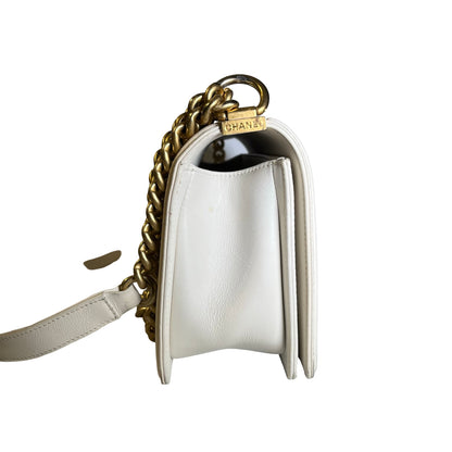 Used CHANEL Chevron Leather Boy Bag Chain Shoulder Bag White Multi-color