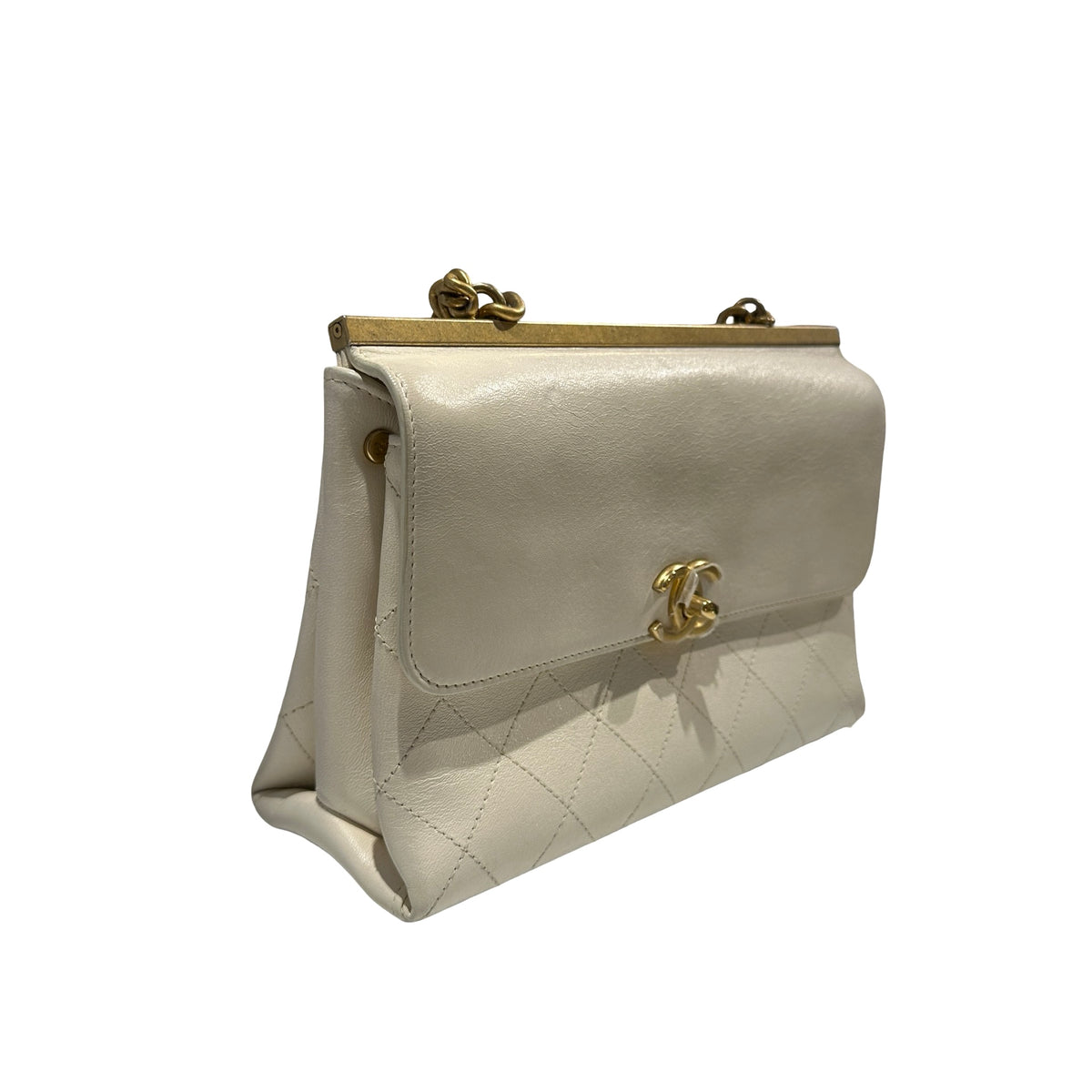 Used CHANEL Quilted Smooth Leather Small Coco Luxe Flap Bag Handbag White Gold