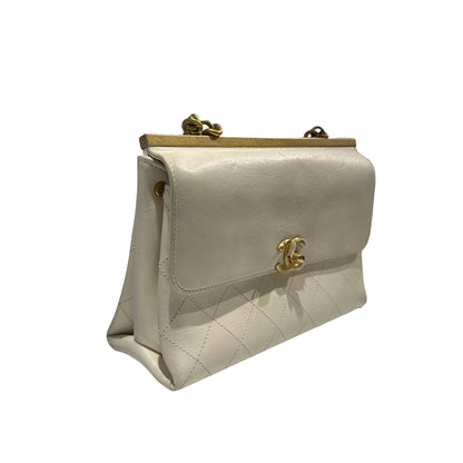Used CHANEL Quilted Smooth Leather Small Coco Luxe Flap Bag Handbag White Gold