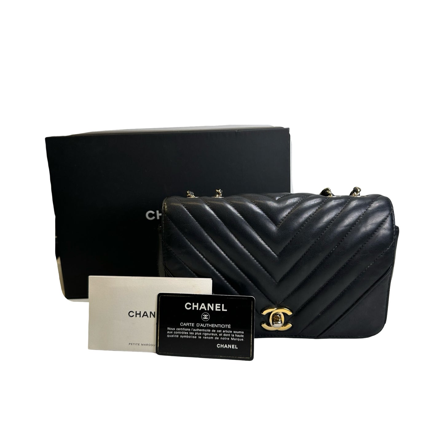 Used CHANEL Chevron Leather Chevron Flap Bag Chain Shoulder Bag Black Gold