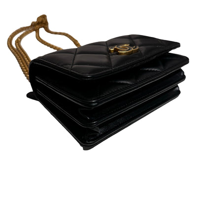 Used CHANEL Lambskin Leather Pending Clutch with Chain Shoulder Bag Black GHW