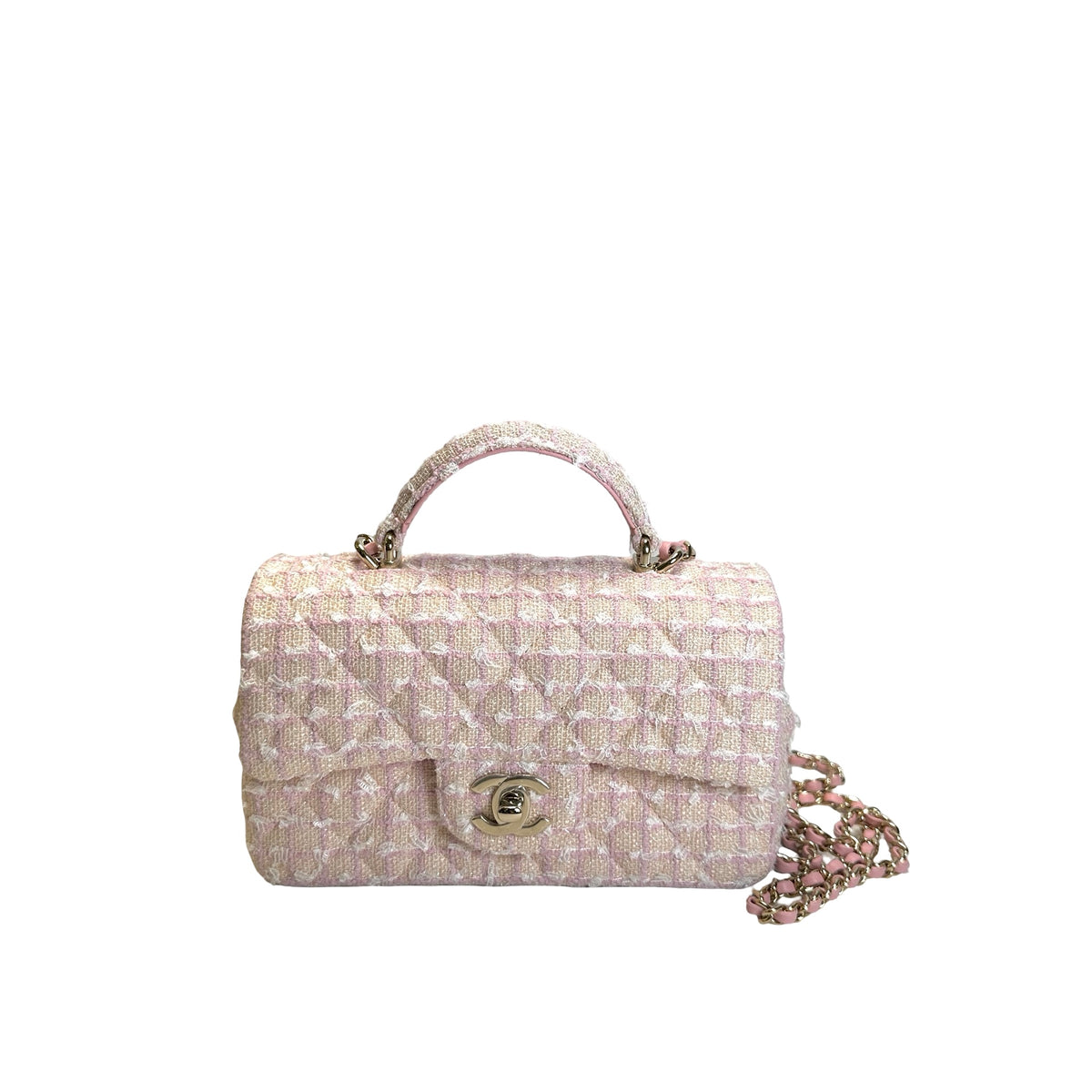 Used CHANEL Tweed Quilted Mini Flap Bag with Top Handle Handbag Pink White