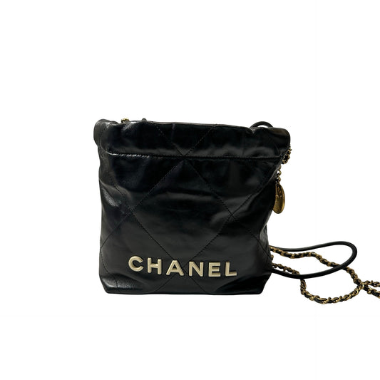 Used CHANEL Shiny Calfskin Mini 22 Shoulder Bag Black GHW