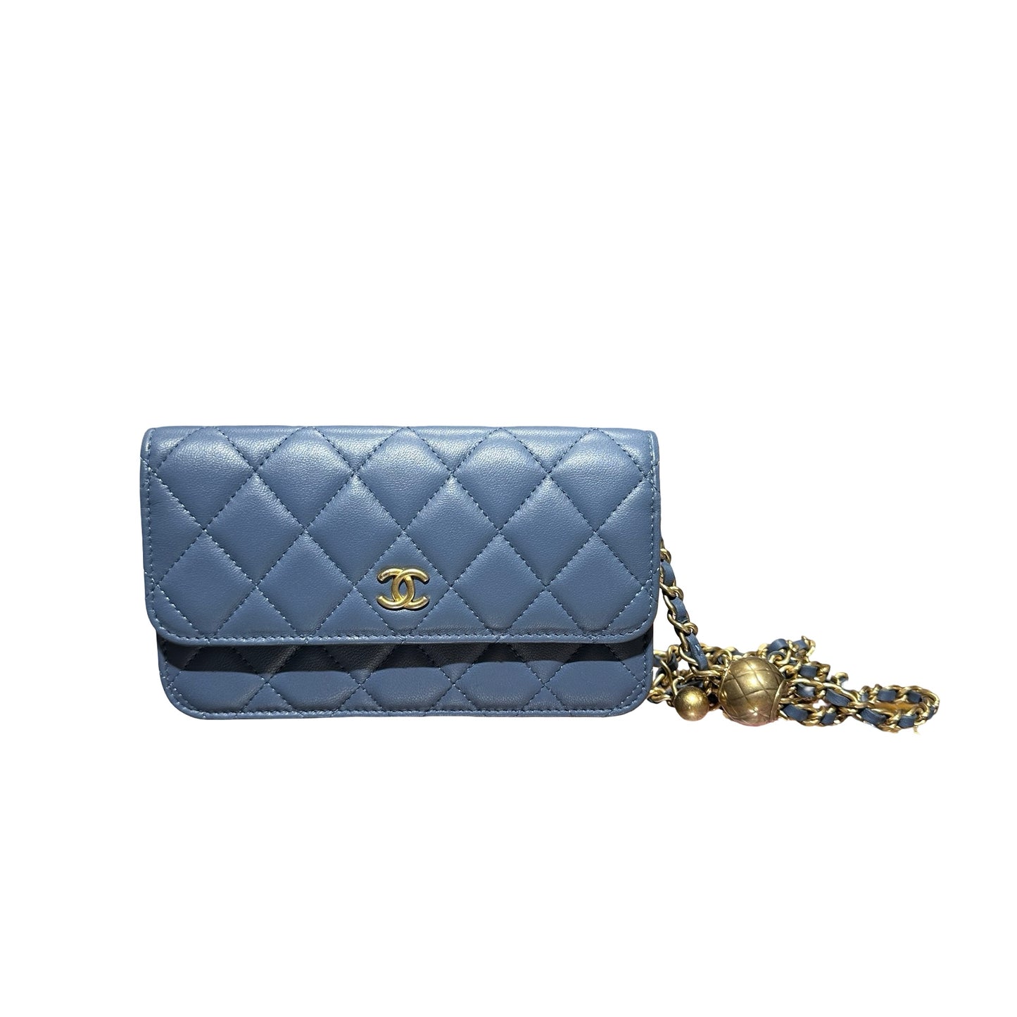 Used Chanel Mini Flap with Gold Ball Cross Body Bag Blue GHW