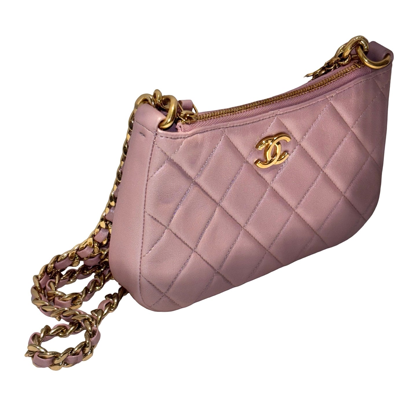 Used CHANEL Lambskin Leather 24P Charms Hobo Bag metallic pink GHW