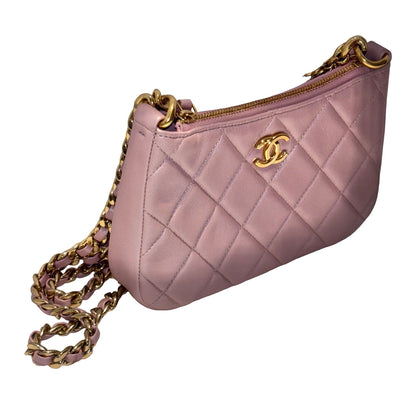 Used CHANEL Lambskin Leather 24P Charms Hobo Bag metallic pink GHW